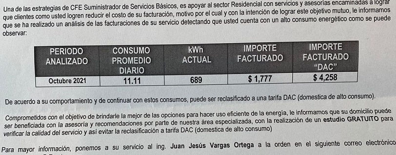 Carta CFE Análisis de Facturaciones